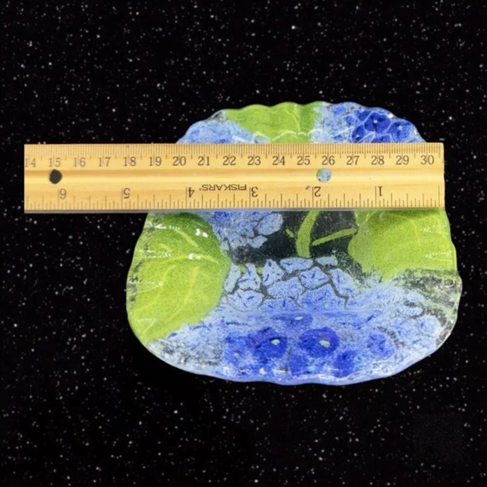 Fused Art Glass Dish Plate‎ Ruffled Edges Blue Flowers Glass Trinket Dish 6”Wide